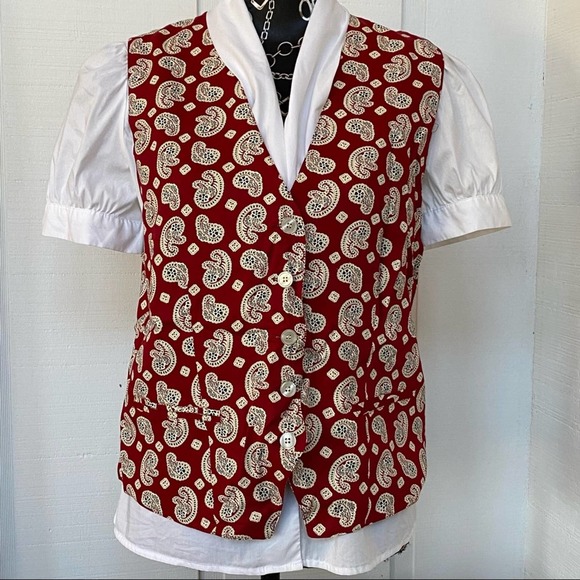 TRUE VINTAGE Talbots M Deep Red Paisley Button Front Lined Waistcoat Vest - Picture 1 of 11